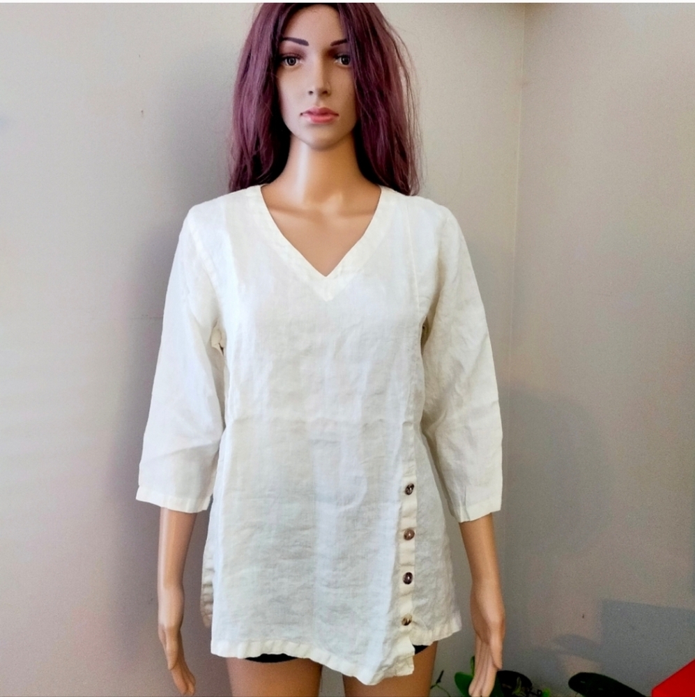 Click By Color Me Cotton Cream V Neck Linen 3/4 Blouse Top Oversized